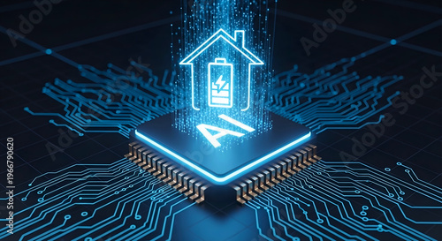 AI smart home energy storage concept with battery icon on digital microchip for sustainable technology industry website banner