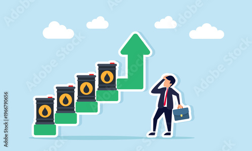 Businessman amazed by rising ladder with oil barrels on each step illustration of abundant oil reserves amid increasing oil valuation and growing market prices