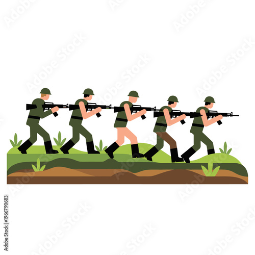 Soldiers Marching with Rifles, Flat Design Illustration