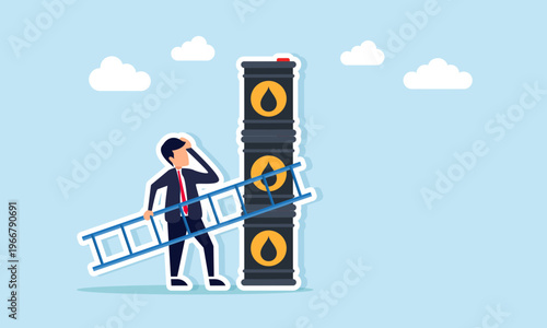 Businessman try to climbing ladder to reach stacked oil barrels illustration of strategic effort to anticipate global oil scarcity and manage limited energy supply