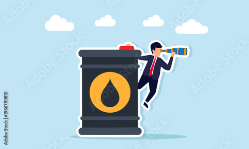 Businessman looking through telescope while holding large oil barrel illustration of monitoring analysis and decision making to track oil price movement