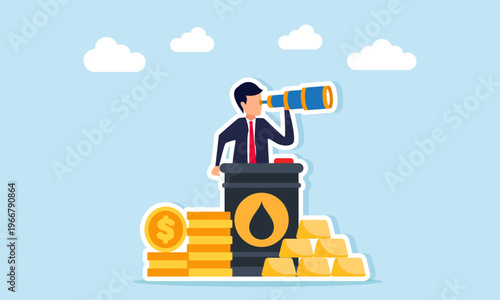 Businessman observing through oil barrel with stacks of money and gold illustration of monitoring analysis and decision making in volatile oil gold and dollar valuation market