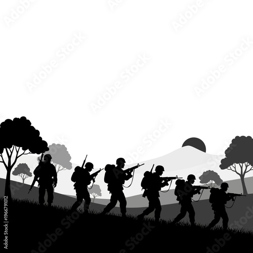 Silhouette soldiers marching on grassy hill with trees and sun at sunset, black and white