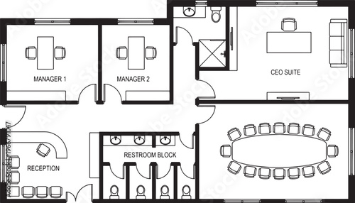 Office floor plan showing a professional layout, and various designated areas in top view.