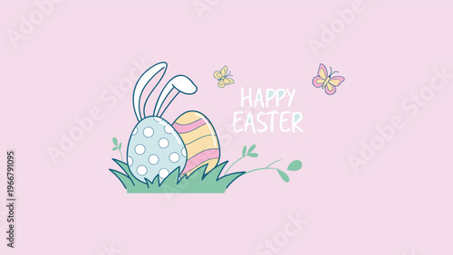 Cute Happy Easter Vector Illustration with Bunny Ears, Pastel Eggs, Flowers and Butterflies