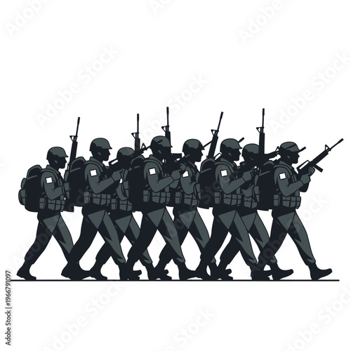 Soldiers Marching in Formation with Rifles