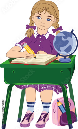 Drukowanie.  Girl is sitting at a desk and writing in a notebook.Vektor 