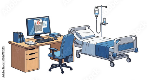 Vector illustration of hospital room with medical bed and computer workstation on transparence background