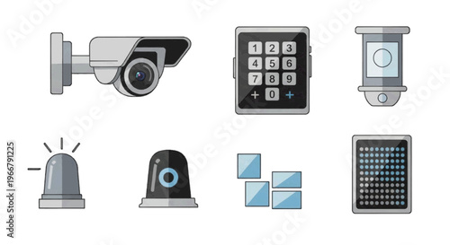 Vector illustration of set of security and surveillance equipment icons on transparence background