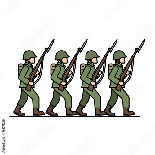 Soldiers Marching in Formation with Rifles and Bayonets - Military Illustration