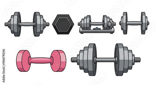 Vector illustration of set of various dumbbells for fitness and bodybuilding on transparence background