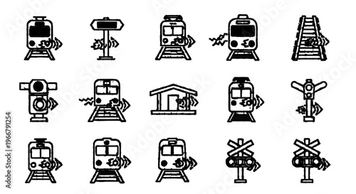 Vector illustration of set of railway and train icons, vector illustration on transparence background