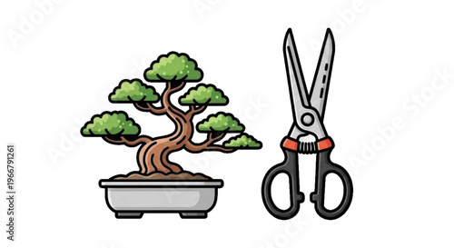 Vector illustration of bonsai tree in a ceramic pot with professional gardening shears on transparence background