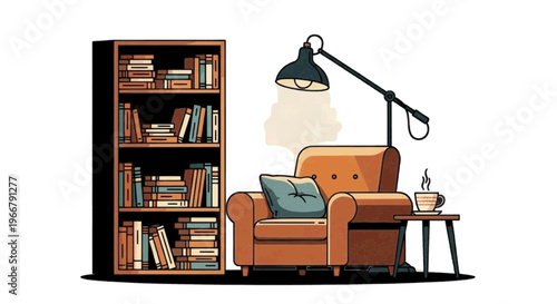 Vector illustration of cozy reading corner with armchair, bookshelf, floor lamp and coffee cup on transparence background
