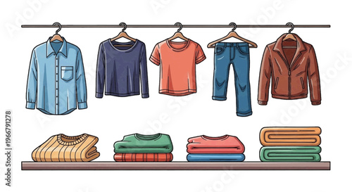 Vector illustration of collection of various clothes hanging on hangers and folded on shelves on transparence background