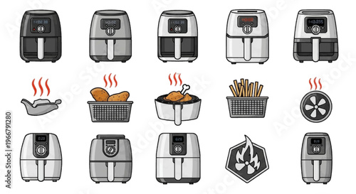 Vector illustration of set of air fryer appliances and food icons for cooking and kitchen design on transparence background