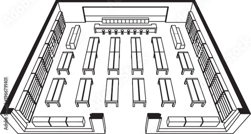 An overhead perspective of a contemporary art gallery's meticulously arranged exhibition space, designed to highlight artistic creations with sophisticated displays. 