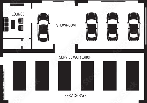 An overhead view depicts a modern car dealership showroom layout with multiple vehicles on display, with a service workshop.
