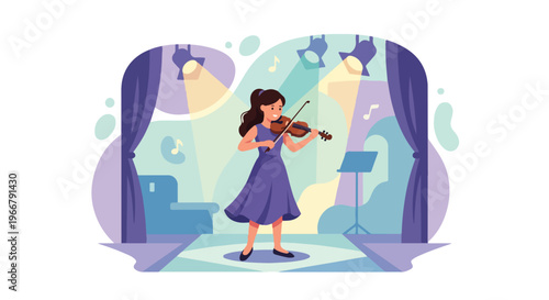Female Violinist Performing Violin on Stage Music Concert Art Performance Vector Illustration
