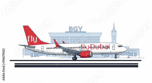 A modern passenger jet with red accents sits on the tarmac at an airport