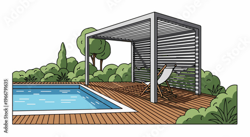 A modern pergola shades a deck with a pool, lounge chairs, and trees