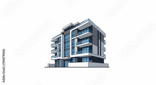 A modern residential building with balconies and large windows