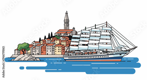 A majestic sailboat glides through blue waters past a charming coastal village