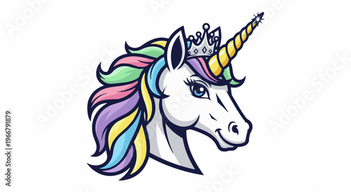 A majestic unicorn with a vibrant, multi-colored mane and a sparkling crown