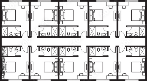 Architectural floor plan of a multi-room accommodation reveals the internal layout and design of rooms, bathrooms, and corridors.