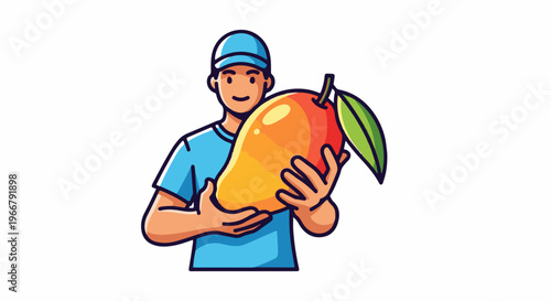 A man in a blue cap and shirt holds a large, ripe mango