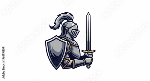 A knight in silver armor, holding a sword and shield