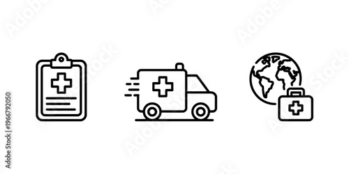 Medical icons including clipboard ambulance and first aid kit globally  health symbols