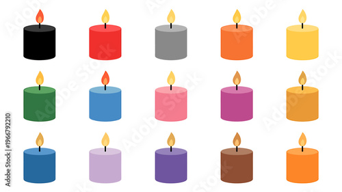 Colorful candles with lit wicks in various vibrant hues on white background