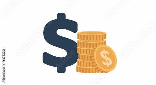 A large dark dollar sign beside a stack of gold coins