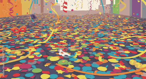 A festive room covered in colorful confetti and streamers