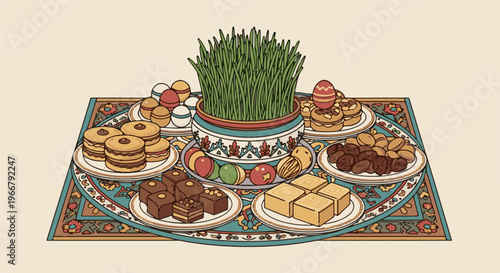 A festive spread of sweets and a grass centerpiece on a decorative mat
