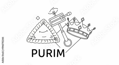 A festive trio triangular pastry, noisemaker, and royal crown, with the word "Purim.