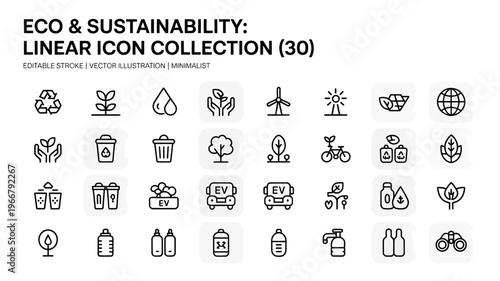 Eco and sustainability linear icons collection on white background