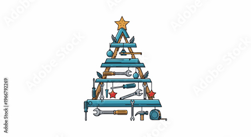 A festive tree constructed from tools and decorated with ornaments