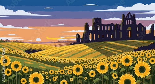 A field of sunflowers unfolds before ancient ruins at sunset
