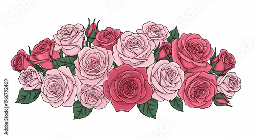 A floral arrangement of pink and red roses with green leaves on a white background