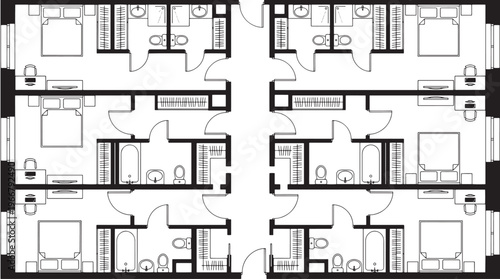 Architectural blueprint depicting a detailed, modern building plan, showcasing symmetrical apartments, with meticulous attention to the layout of each space. 