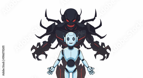 A friendly robot stands before a menacing, spiky, dark entity