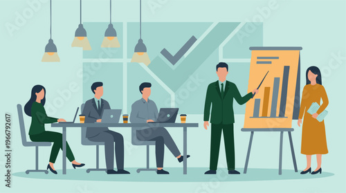 Business team in a modern office, attending a presentation and collaborating