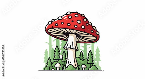 A large red mushroom with white spots stands in a stylized forest of green trees
