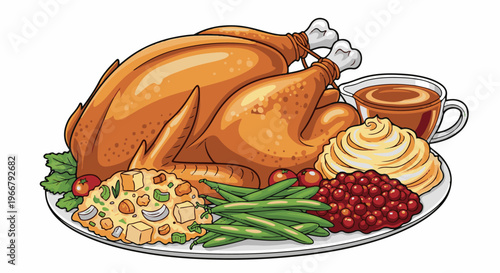 A large roasted turkey sits on a platter with side dishes of stuffing, beans, mashed potatoes, and gravy