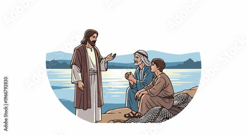 A man in robes talks to two seated men by the water