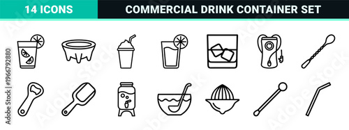 Refined Beverage and Drink Service Outline Symbols for Digital Menus and Commercial Interface Design in Minimalist Monoline Aesthetic