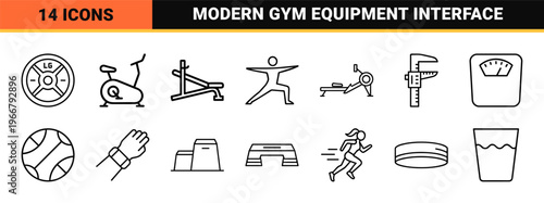 Minimalist monoline fitness line art featuring geometric gym equipment, wellness tracking, and athletic training elements for digital apps.