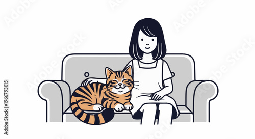 A girl and her striped cat relax together on a comfortable sofa